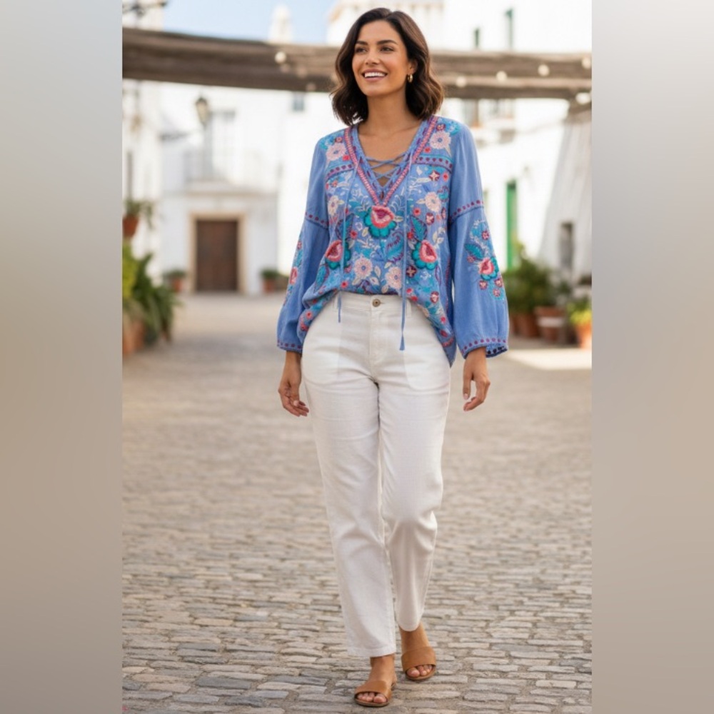 Johnny Was Oman Laceup Swing Blouse Embroidered Blue v neck small Top - Picture 13 of 13